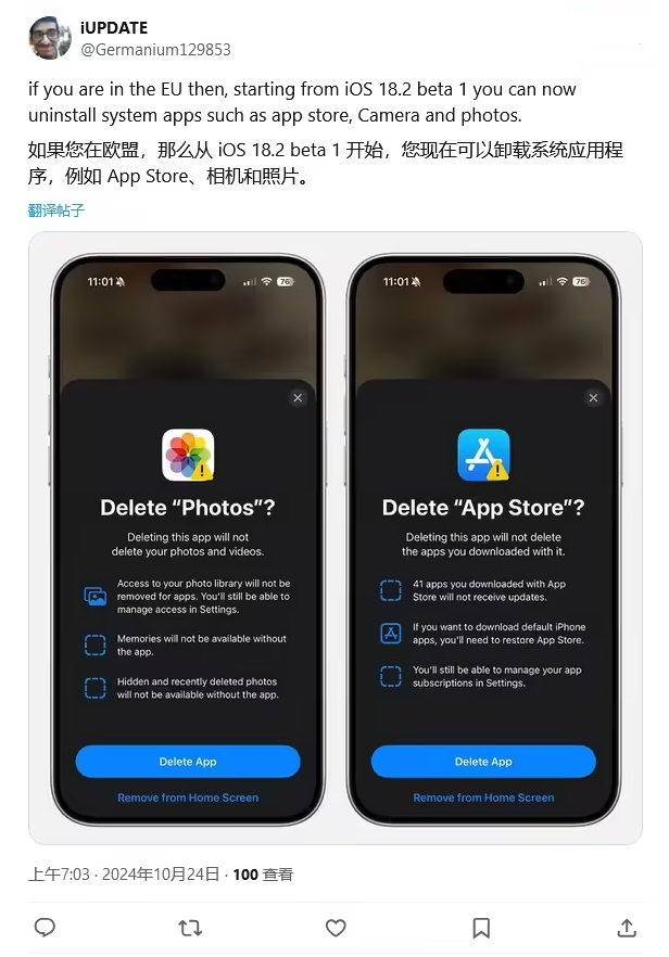 五湖渔场苹果手机维修分享iOS 18.2 支持删除 App Store 应用商店 